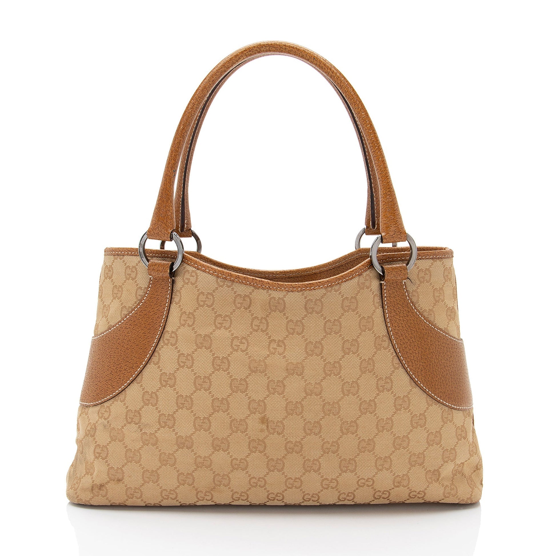 Gucci GG Leather Canvas Brown Beige Tote Bag