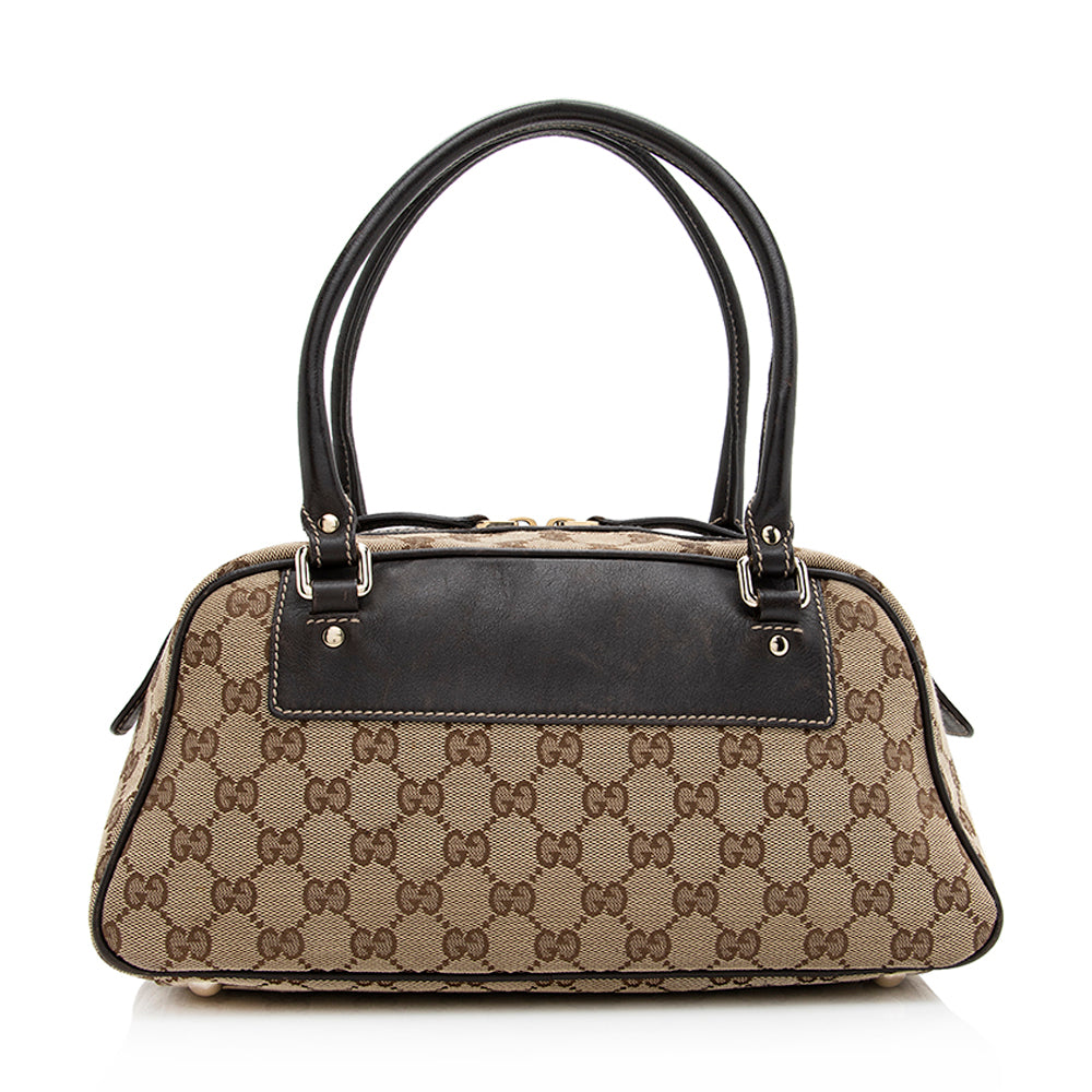 Gucci GG Trophy Boston SHF Leather Canvas Brown Beige Satchel Bag