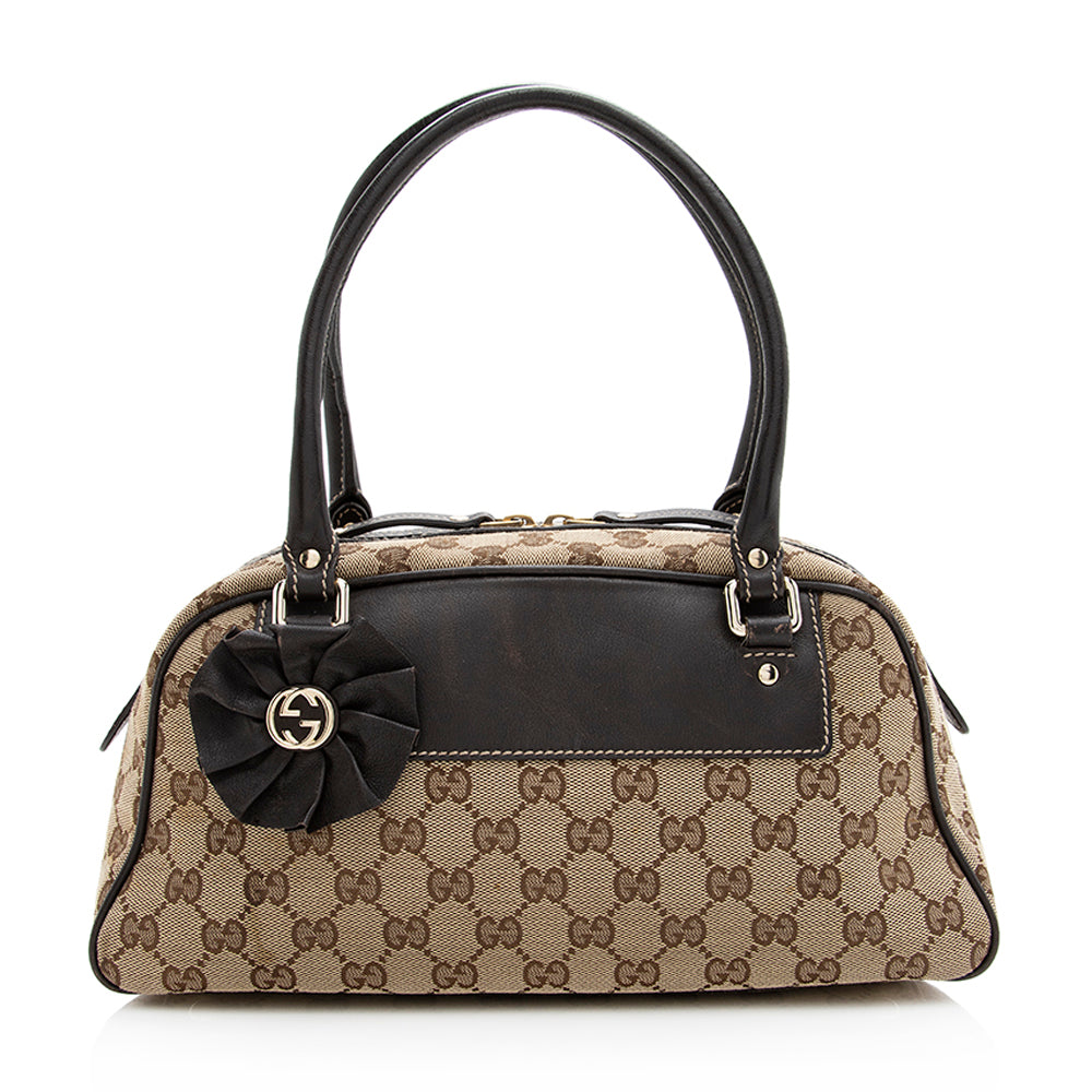 Gucci GG Trophy Boston SHF Leather Canvas Brown Beige Satchel Bag