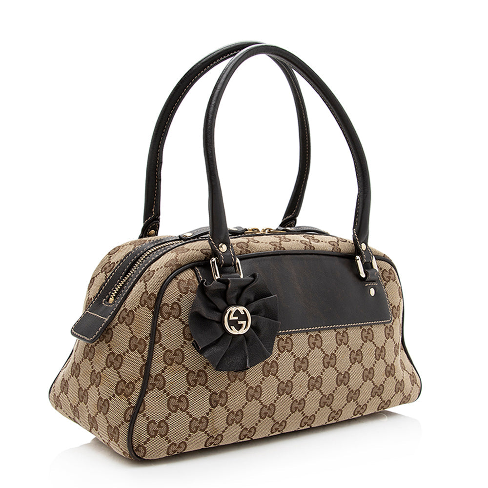 Gucci GG Trophy Boston SHF Leather Canvas Brown Beige Satchel Bag