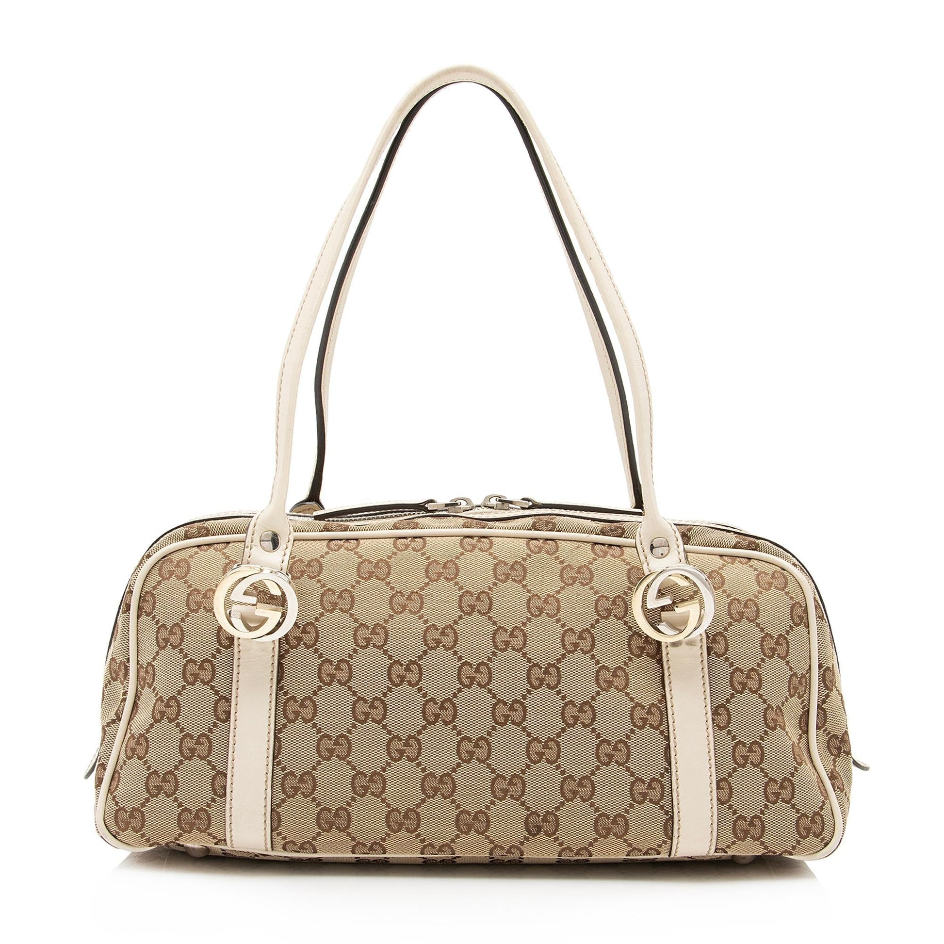 Gucci GG Twins Boston SHF-SVoyHp Leather Canvas White Beige Satchel Bag
