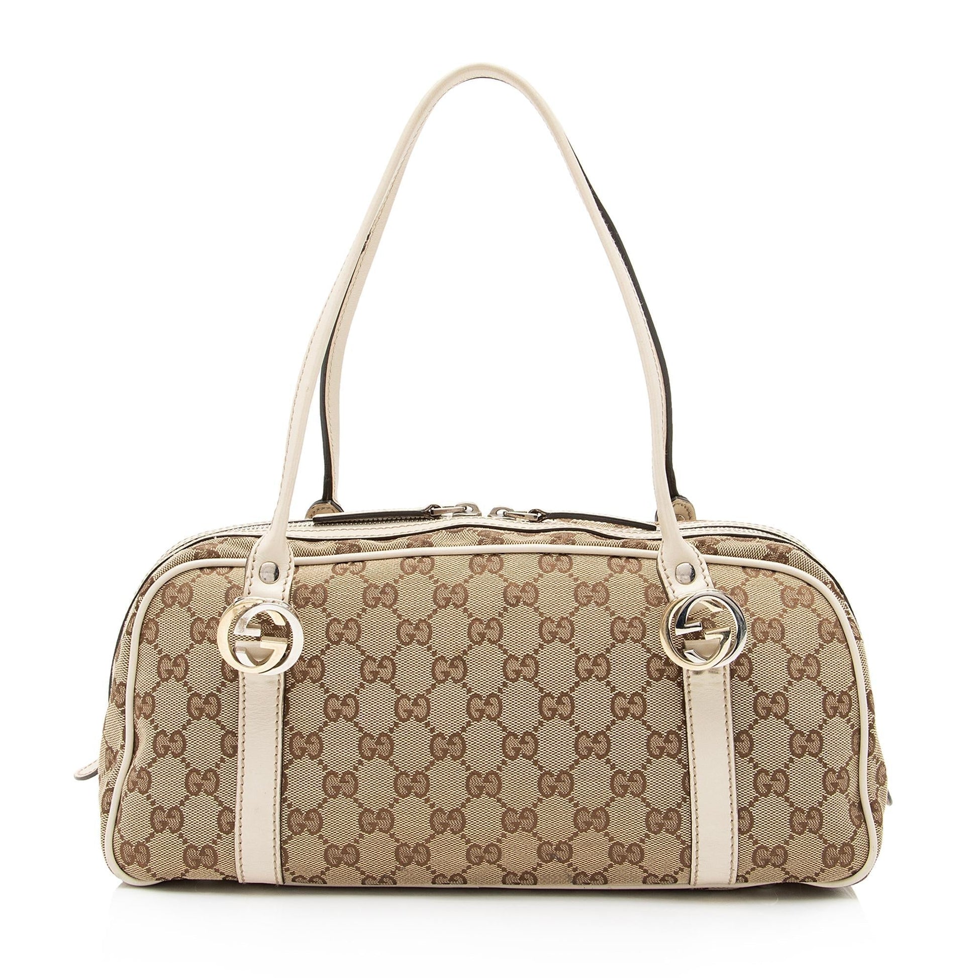 Gucci GG Twins Boston SHF-SVoyHp Leather Canvas White Beige Satchel Bag