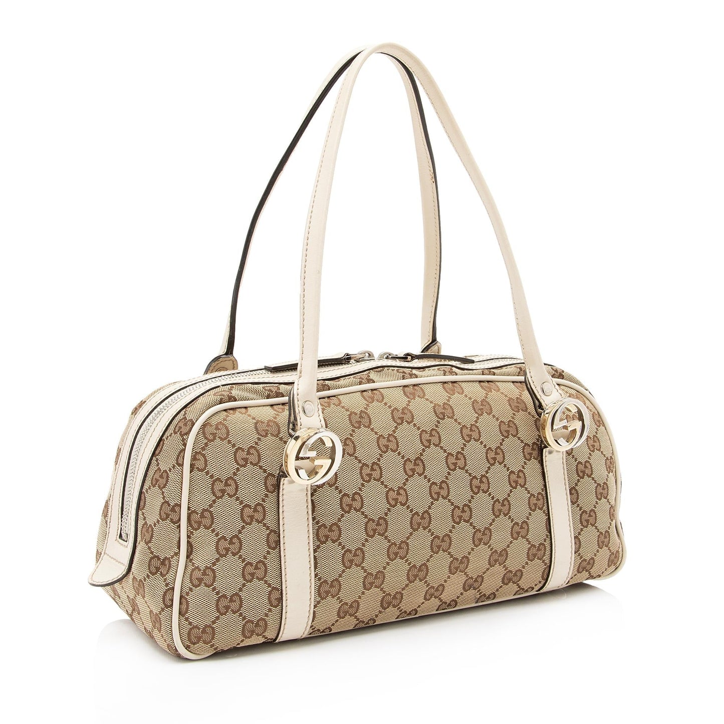Gucci GG Twins Boston SHF-SVoyHp Leather Canvas White Beige Satchel Bag