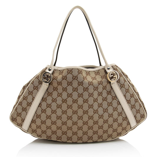 Gucci GG Twins SHF Leather Canvas White Beige Tote Bag