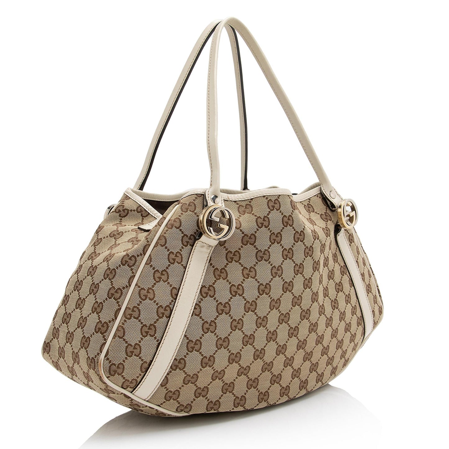 Gucci GG Twins SHF Leather Canvas White Beige Tote Bag