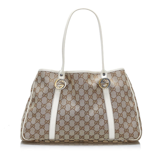 Gucci GG Twins SHG-gu3wR2 Canvas Calf White Brown Tote Bag