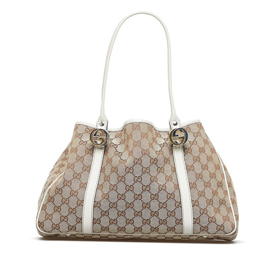 Gucci GG Twins SHG-04seb8 Canvas Calf White Brown Tote Bag