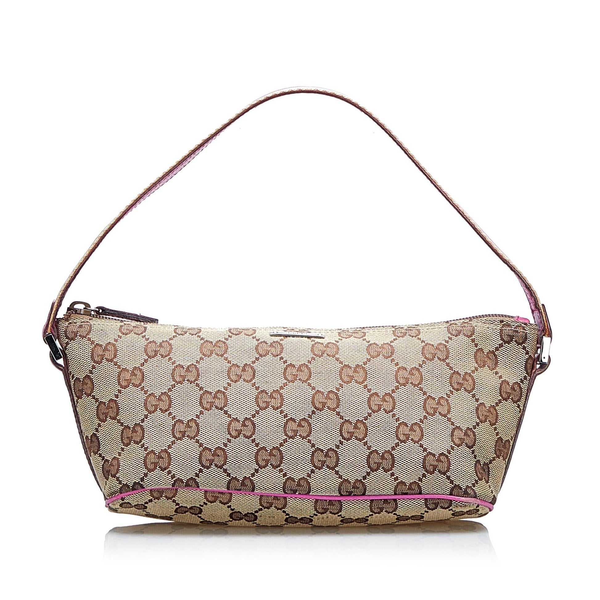 Gucci GG Web Boat Baguette SHG-O1BGQv Canvas Calf Brown Pink Handbag