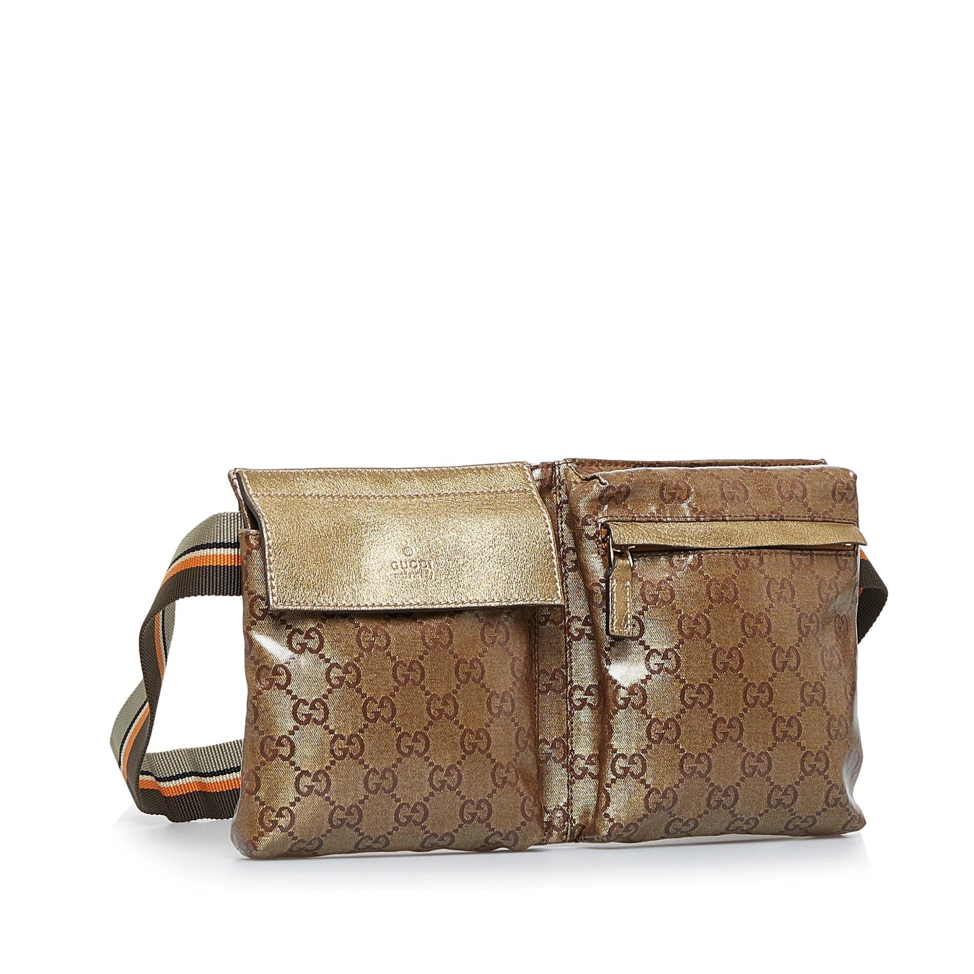 Gucci GG Web Double Pocket Belt Canvas Calf Brown Gold Accessory Shg Yzwufy