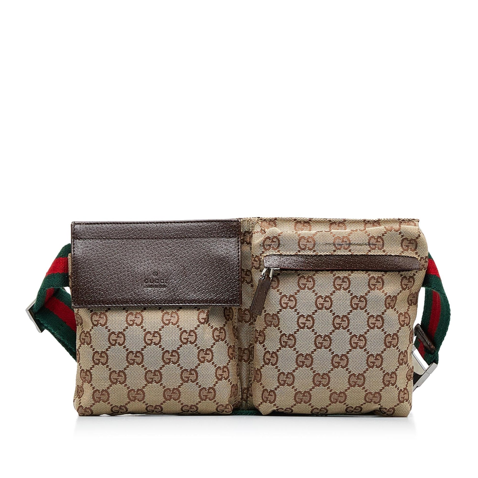 Gucci GG Web Double Pocket Belt Canvas Calf Brown Accessory Shg Yovxpn