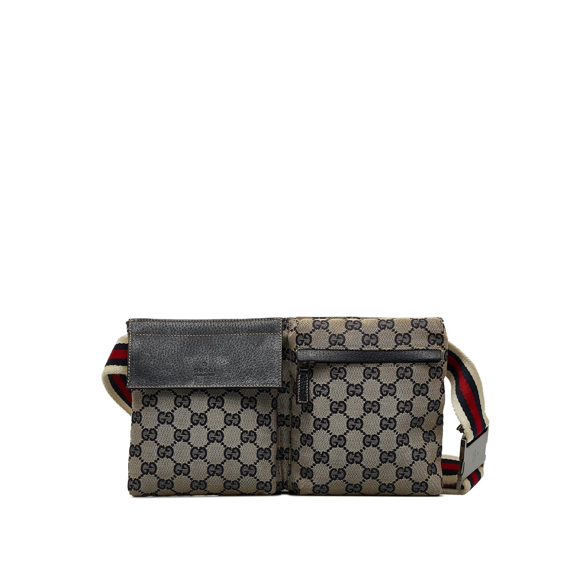 Gucci GG Web Double Pocket Belt Canvas Brown Accessory Shg Velchb