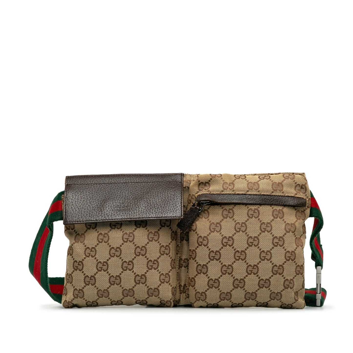 Gucci GG Web Double Pocket Belt Canvas Brown Accessory Shg Mdyem4