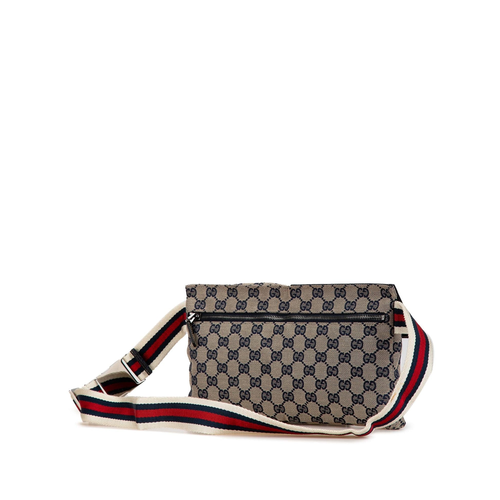 Gucci GG Web Double Pocket Belt Canvas Calf Blue Accessory