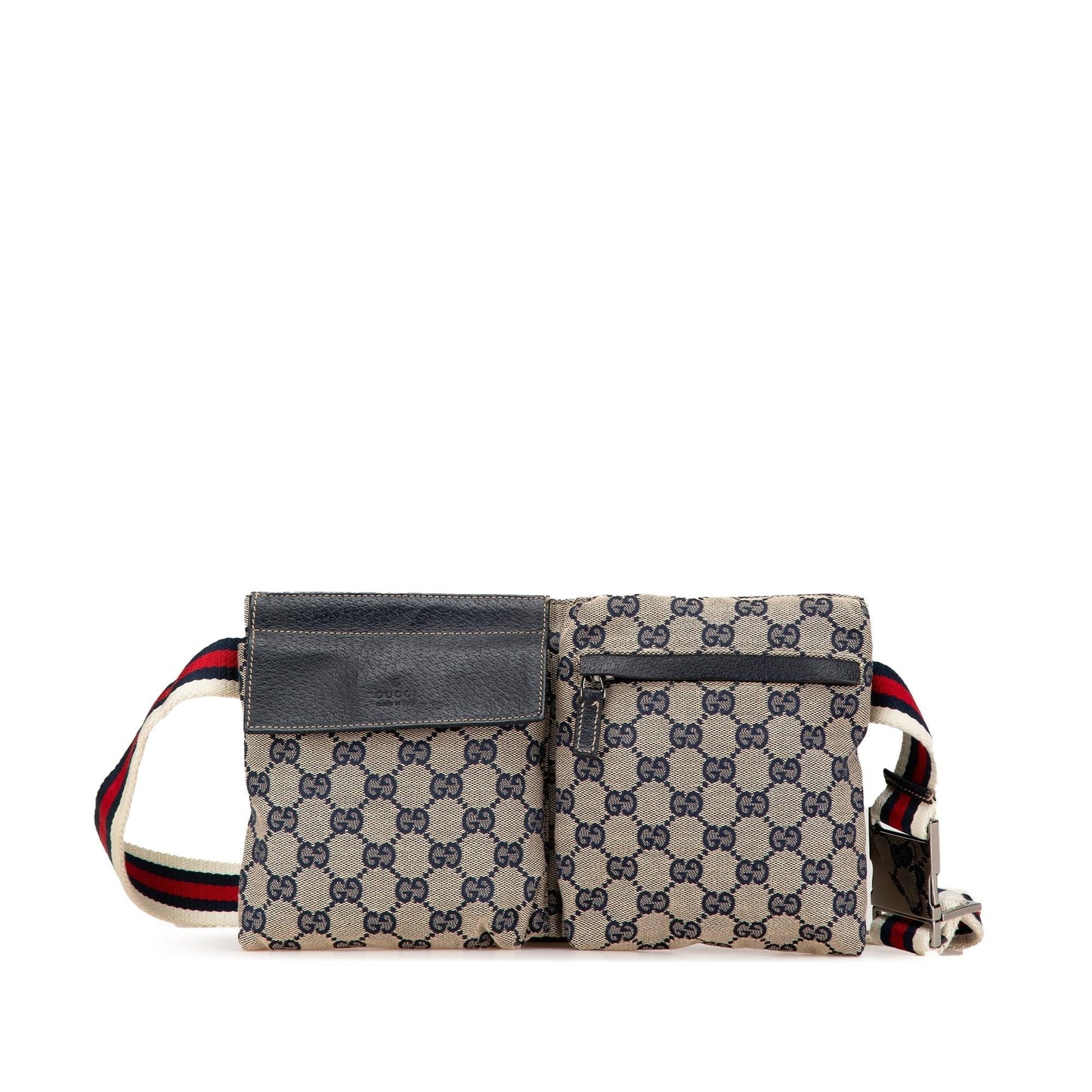 Gucci GG Web Double Pocket Belt Canvas Calf Brown Accessory Belt Bag