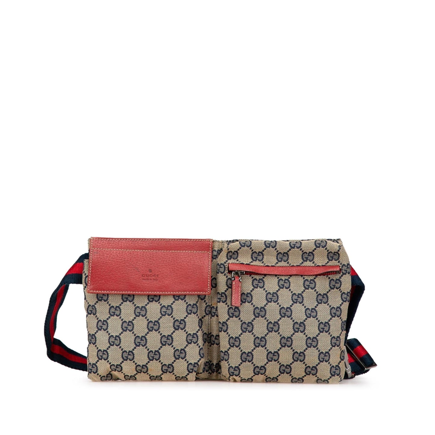 Gucci GG Web Double Pocket Belt Canvas Calf Brown Red Accessory