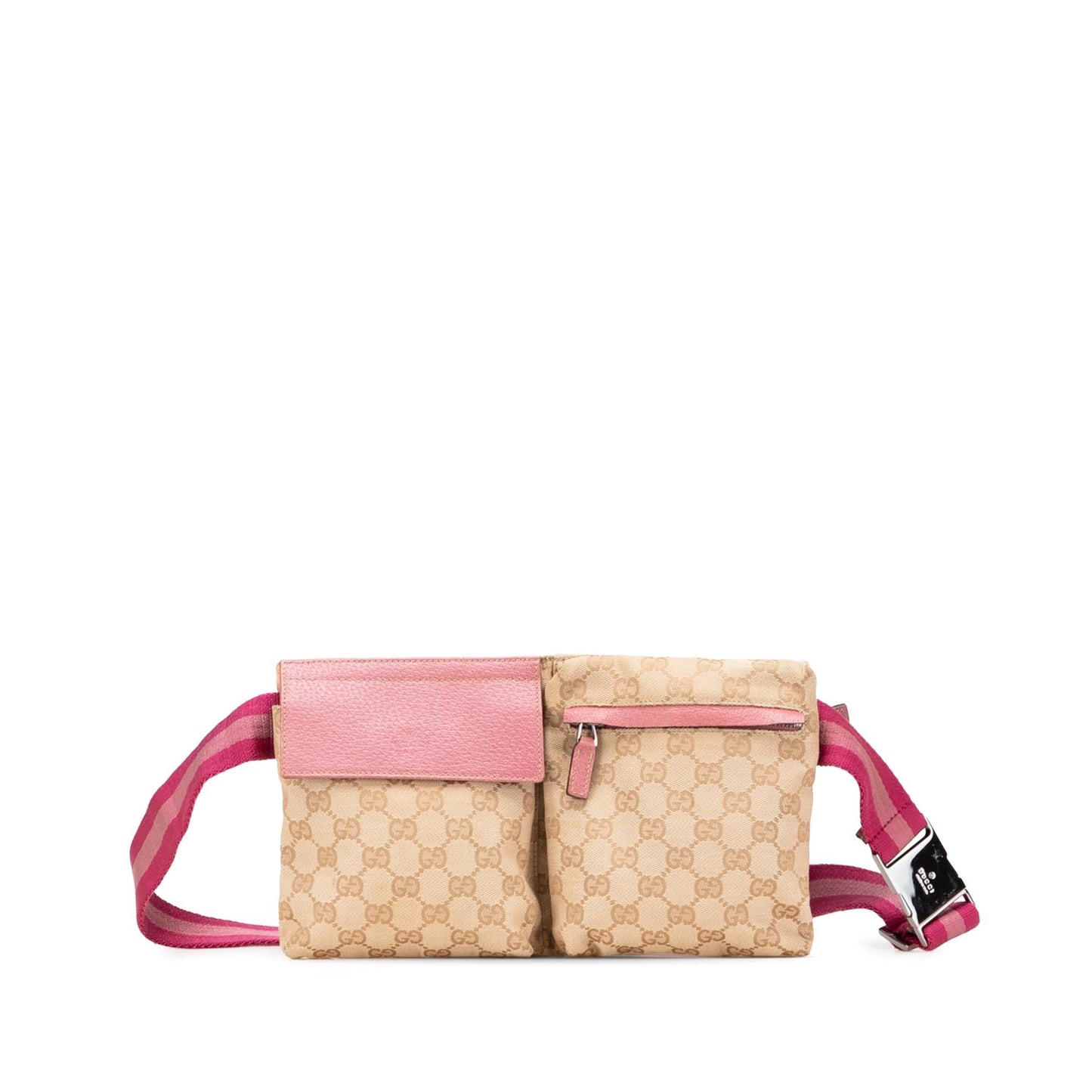 Gucci GG Web Double Pocket Belt Canvas Calf Brown Pink Accessory