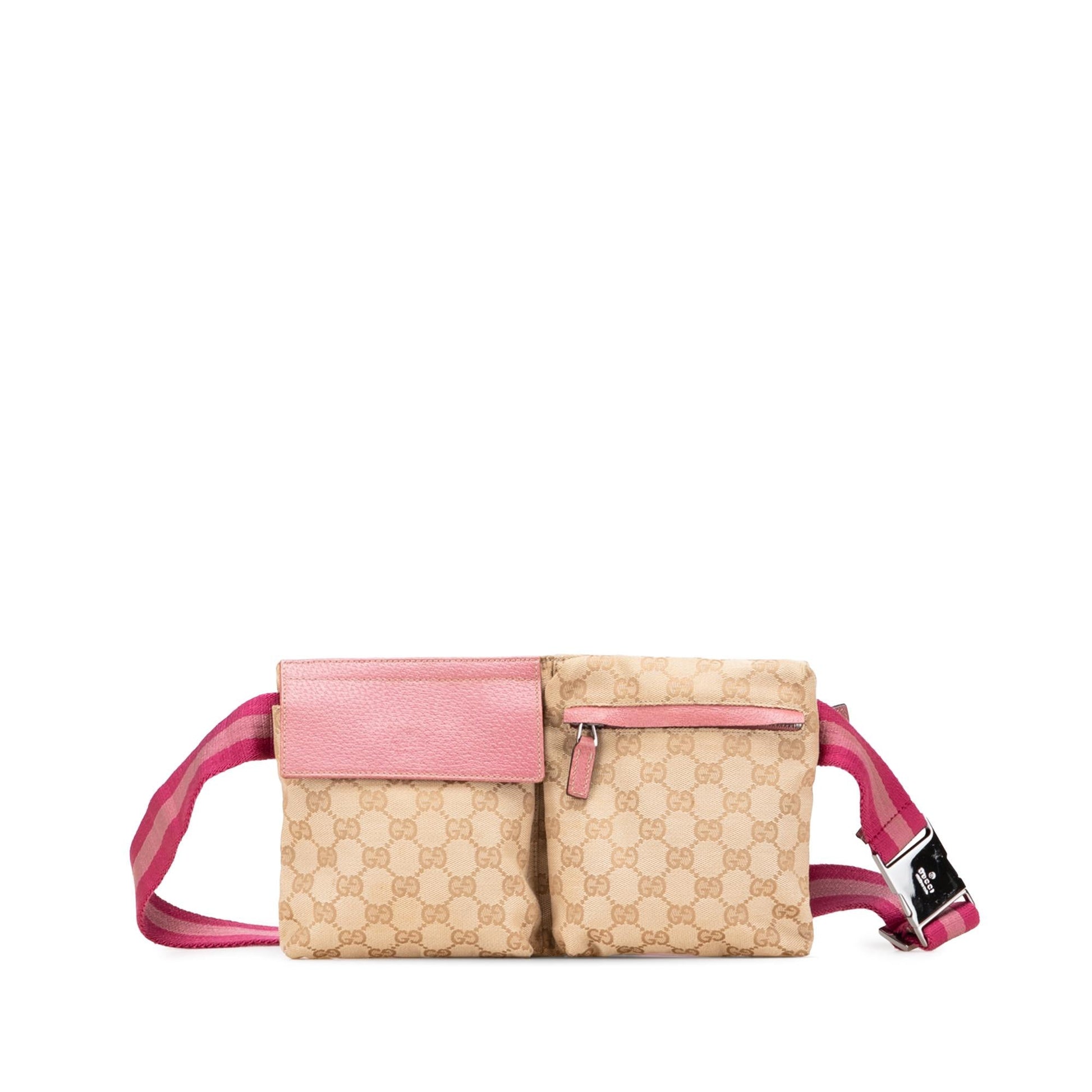 Gucci GG Web Double Pocket Belt Canvas Calf Brown Pink Accessory Bag 15