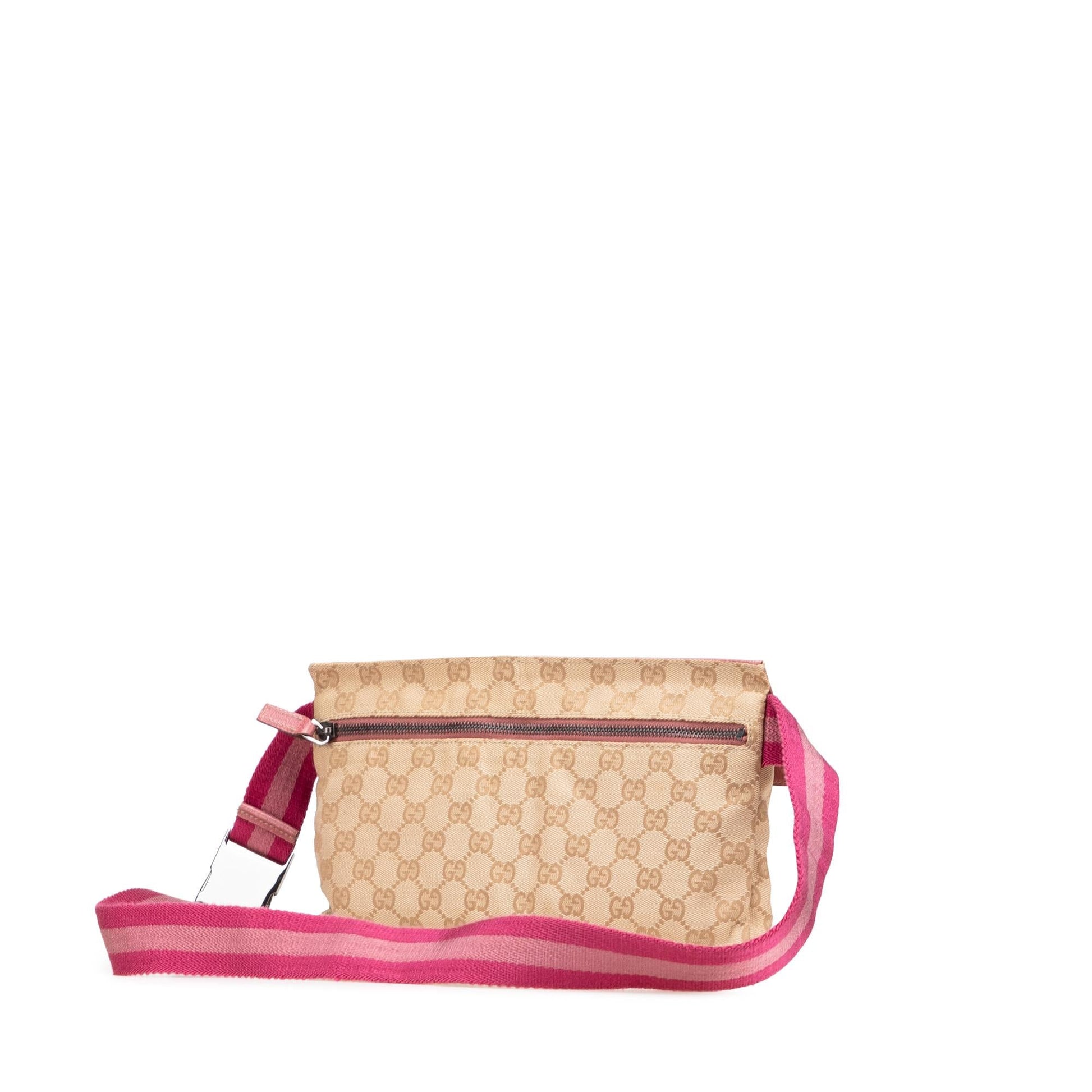 Gucci GG Web Double Pocket Belt Canvas Calf Brown Pink Accessory Bag 15