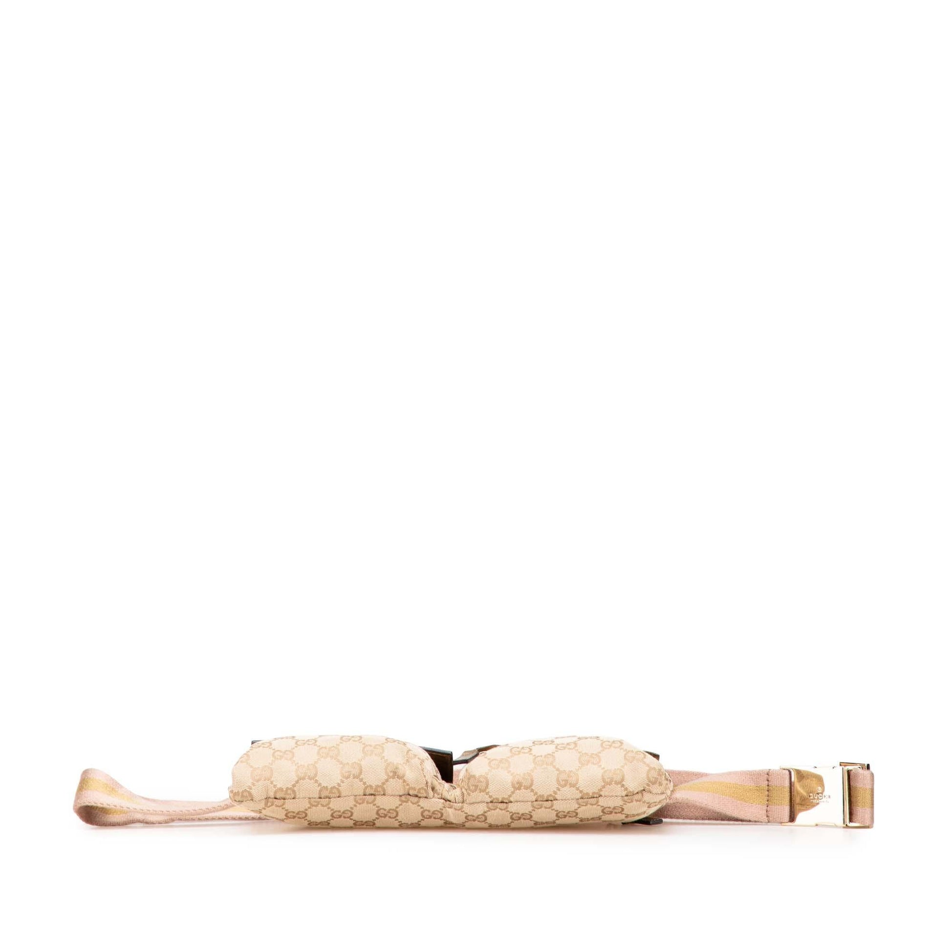 Gucci GG Web Double Pocket Belt Canvas Calf Brown Gold Accessory