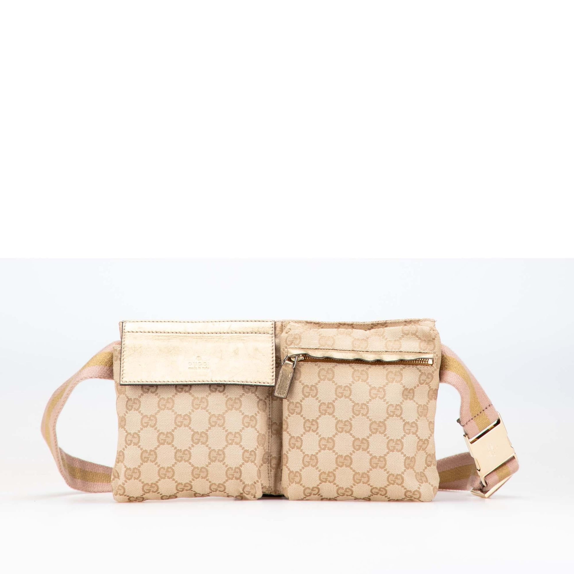 Gucci GG Web Double Pocket Belt Canvas Calf Brown Gold Accessory