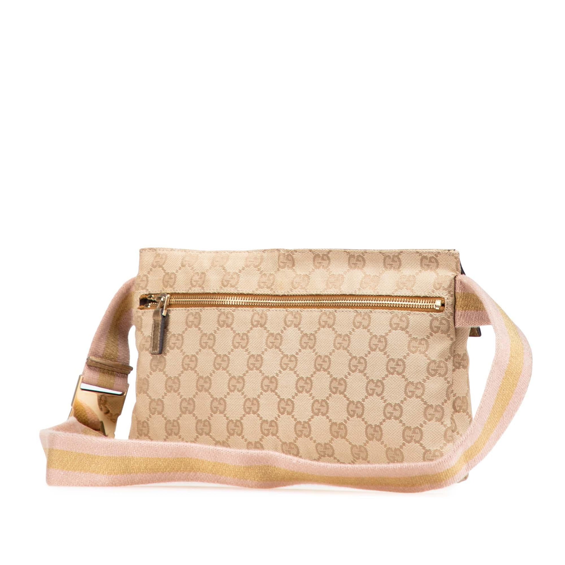 Gucci GG Web Double Pocket Belt Canvas Calf Brown Gold Accessory