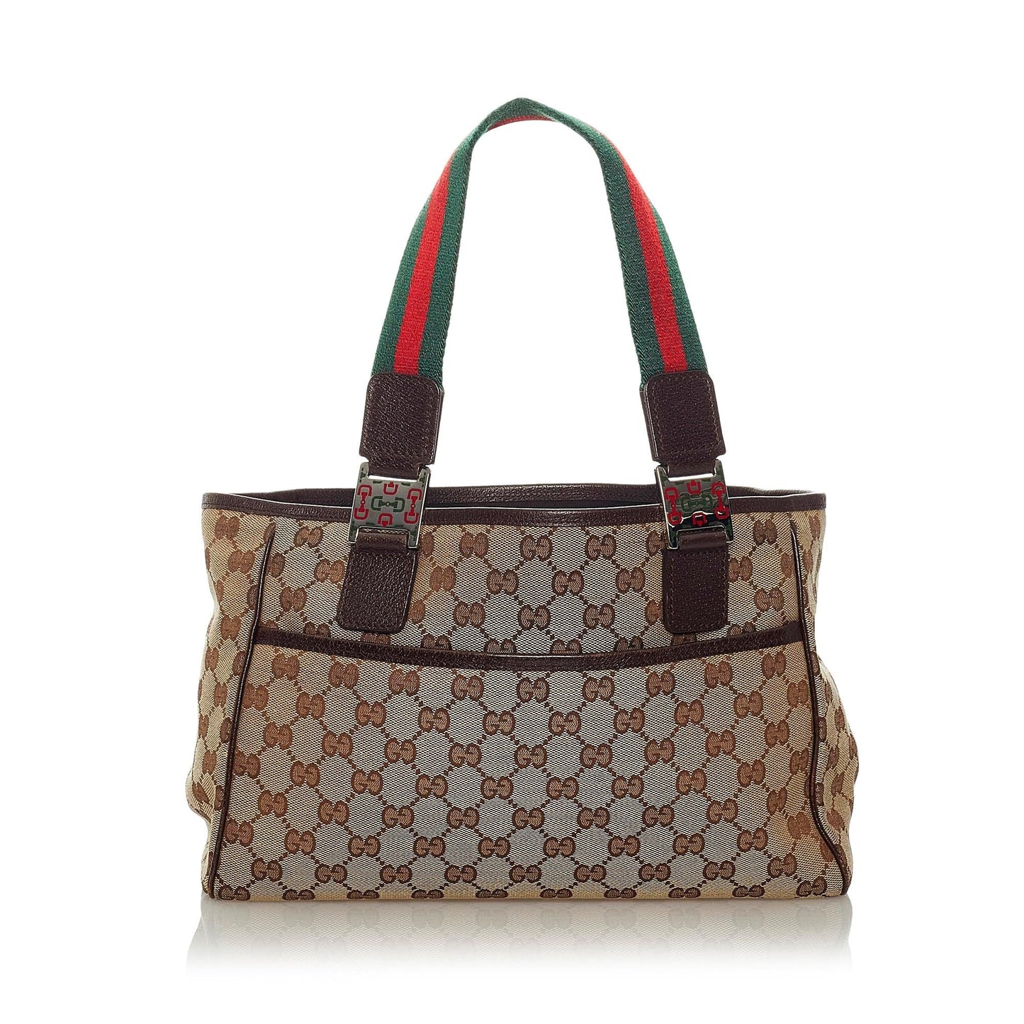 Gucci GG Web SHG Canvas Calf Brown Satchel Bag Handbag Shg