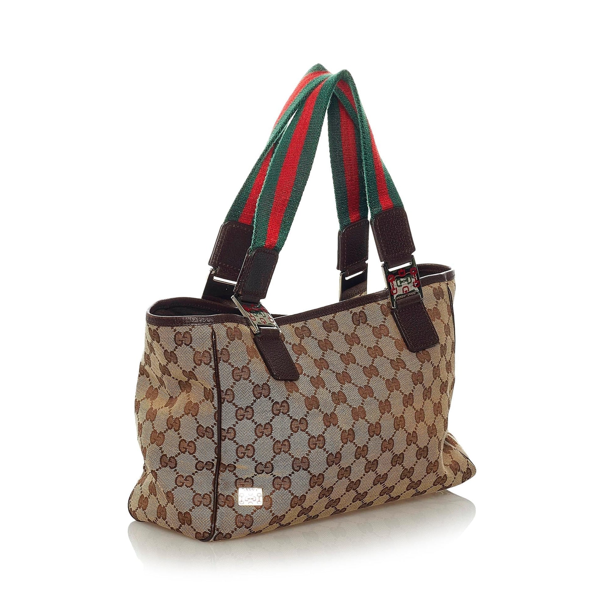 Gucci GG Web SHG Canvas Calf Brown Satchel Bag Handbag Shg