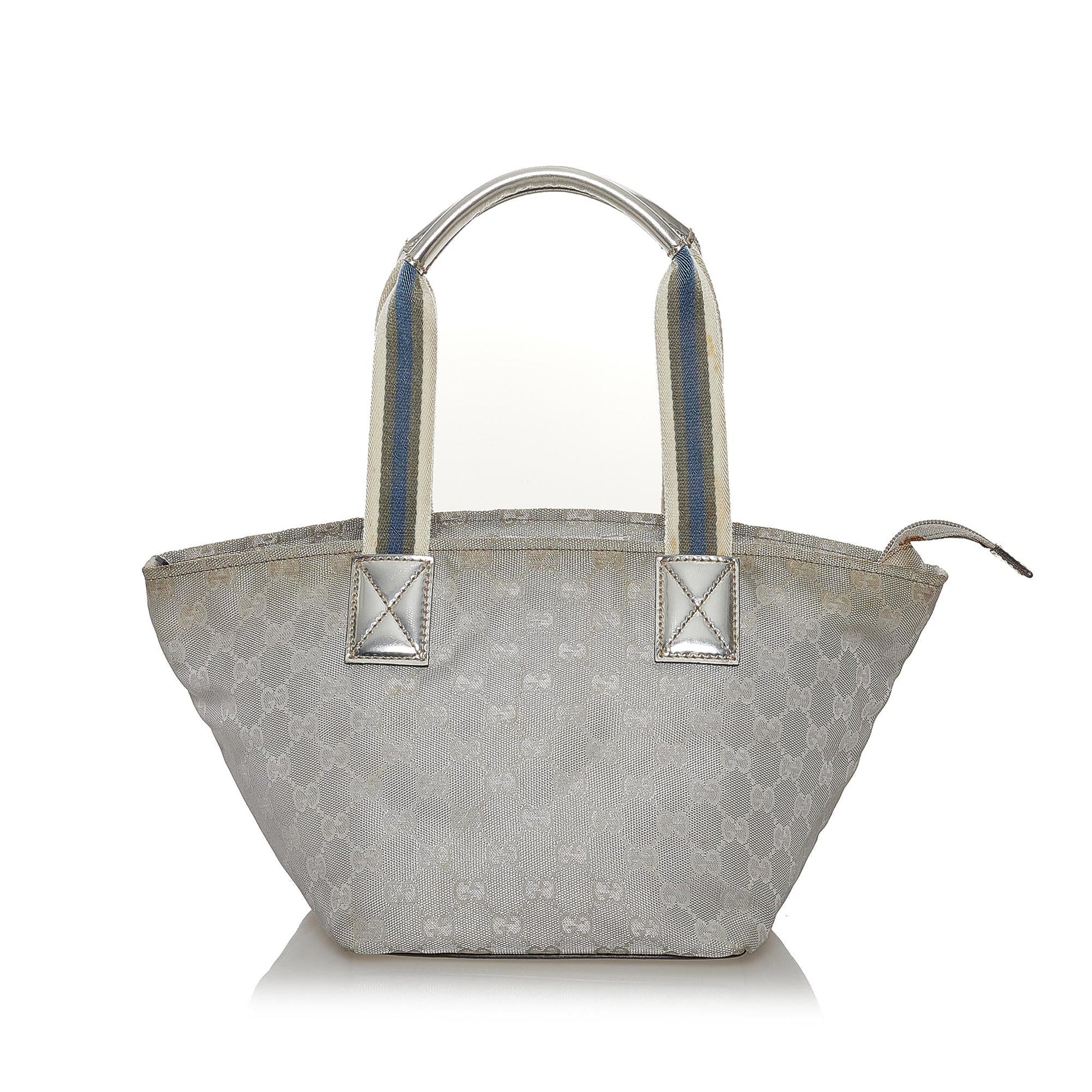 Gucci GG Web SHG Canvas Calf Silver Satchel Bag