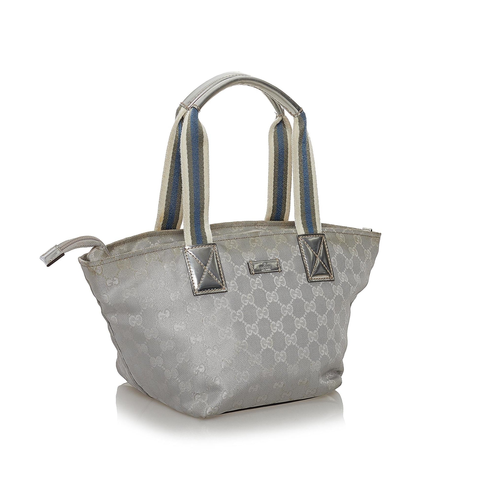 Gucci GG Web SHG Canvas Calf Silver Satchel Bag Handbag Shg
