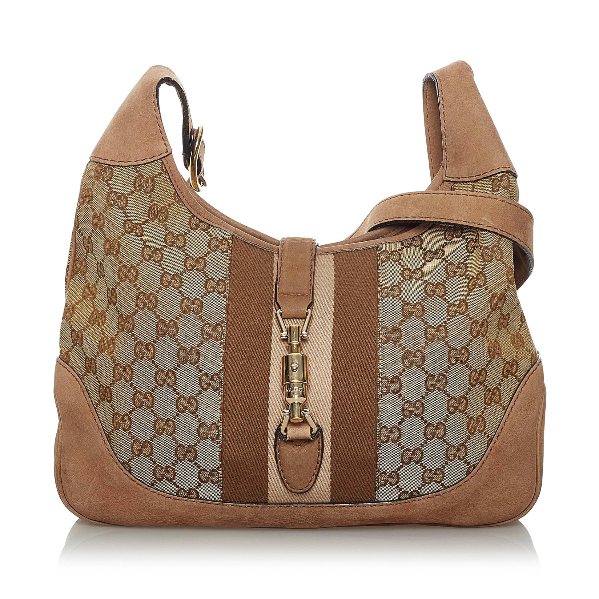 Gucci GG Web Jackie SHG Canvas Calf Brown Crossbody Bag