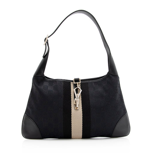 Gucci GG Web Jackie SHF Leather Canvas Nylon Black Shoulder Bag