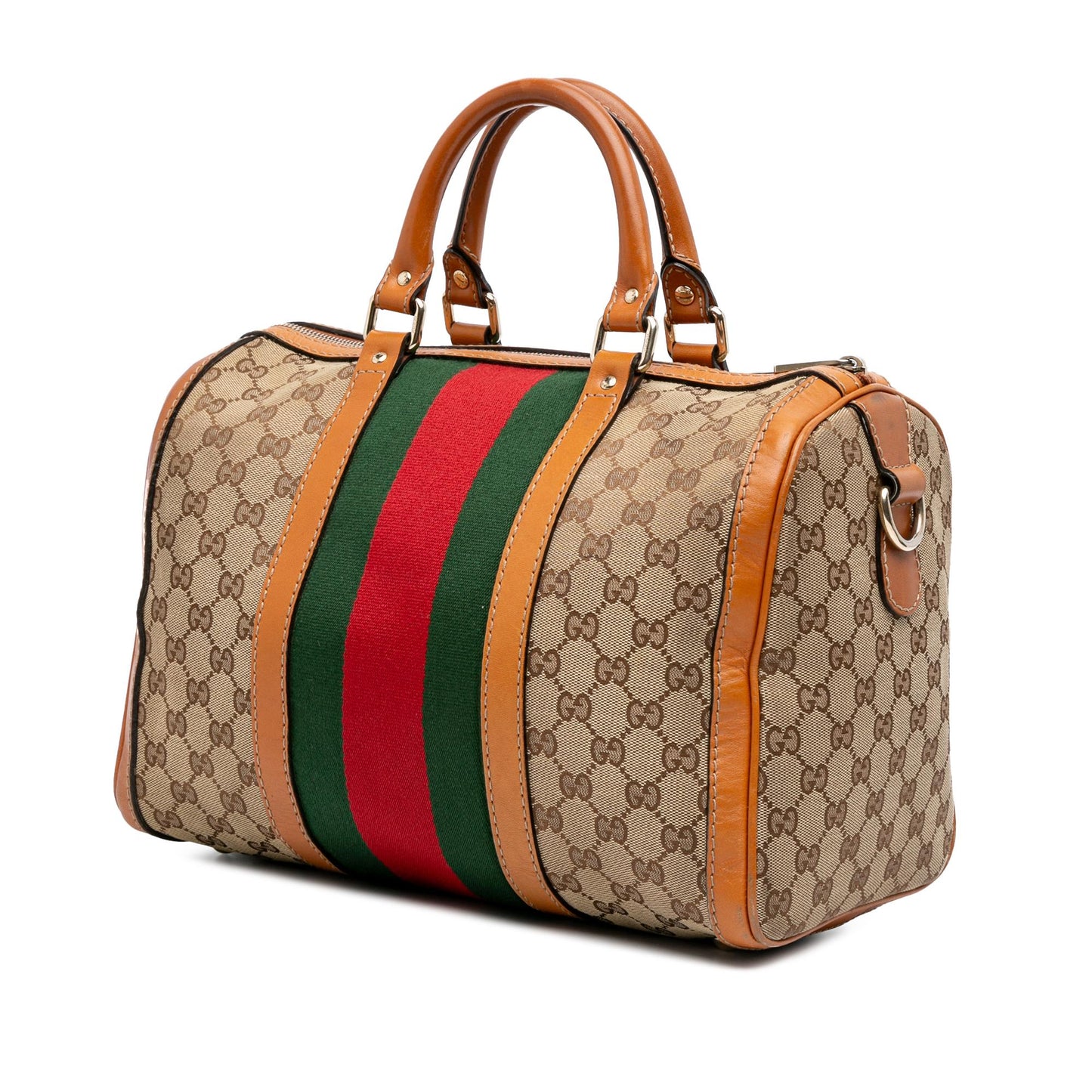 Gucci GG Web Joy Boston Canvas Calf Brown Orange Satchel Bag