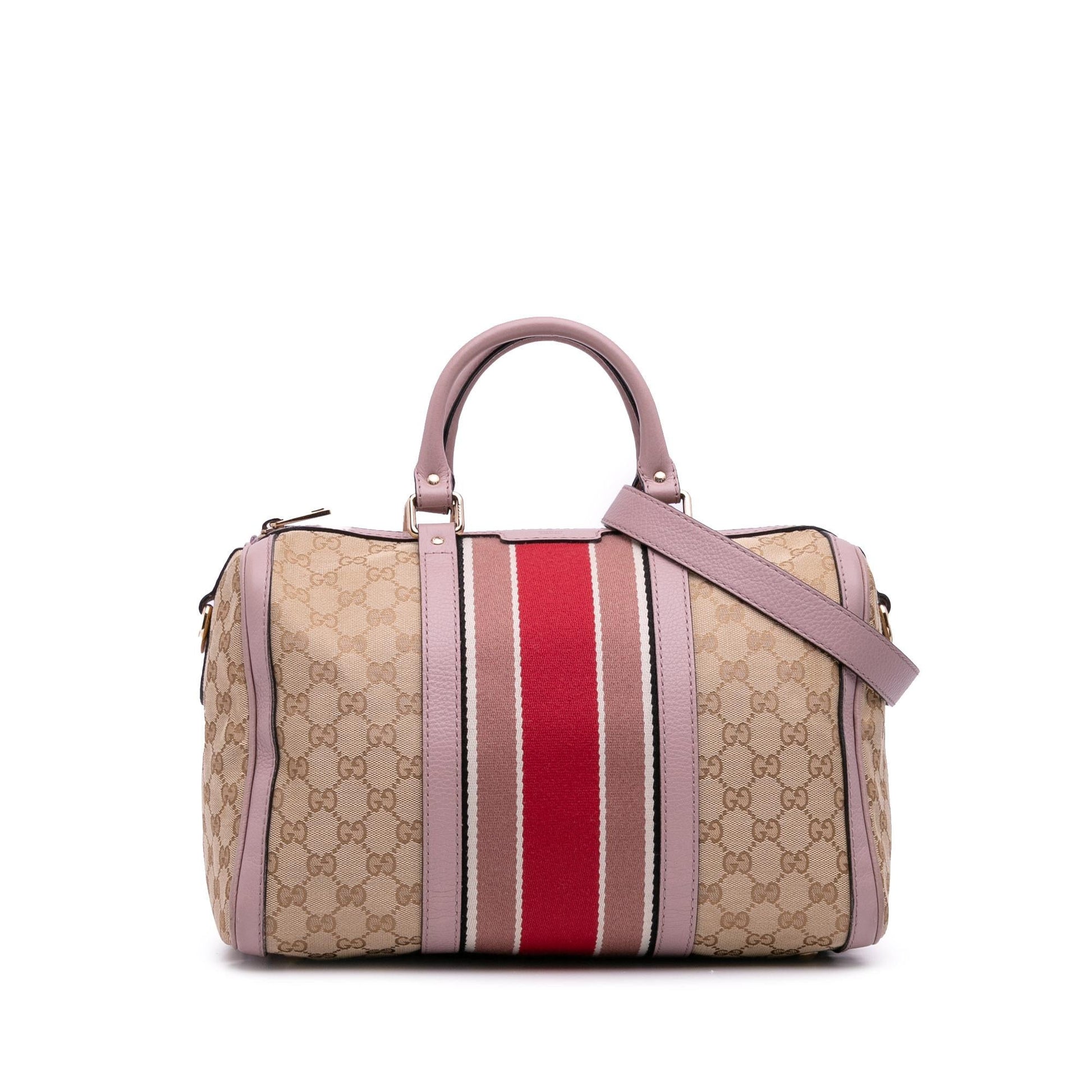 Gucci GG Web Joy Boston Canvas Calf Brown Pink Satchel Bag