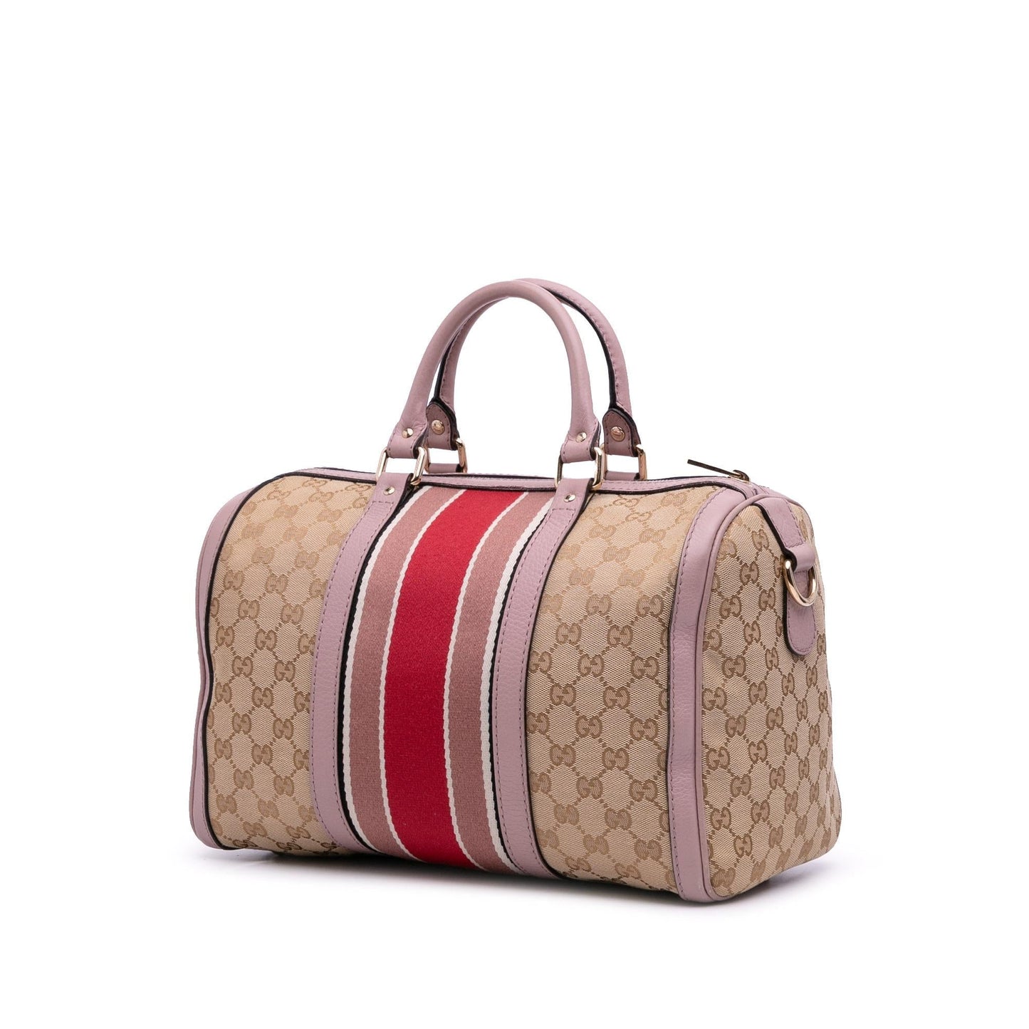 Gucci GG Web Joy Boston Canvas Calf Brown Pink Satchel Bag