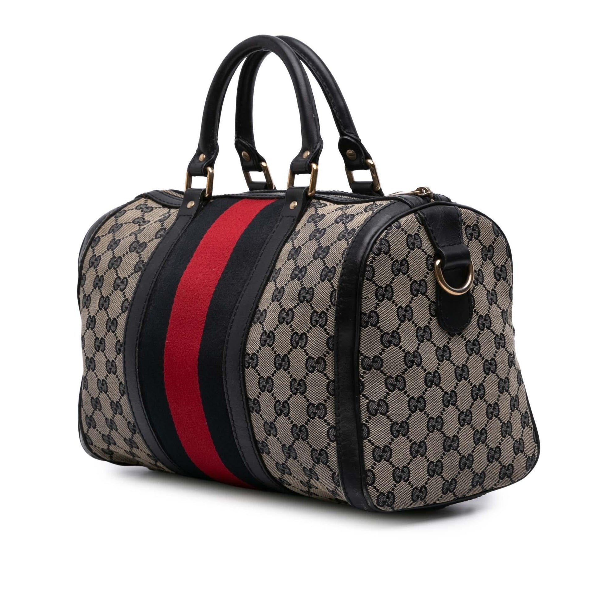 Gucci GG Web Joy Boston Canvas Calf Black Brown Satchel Bag