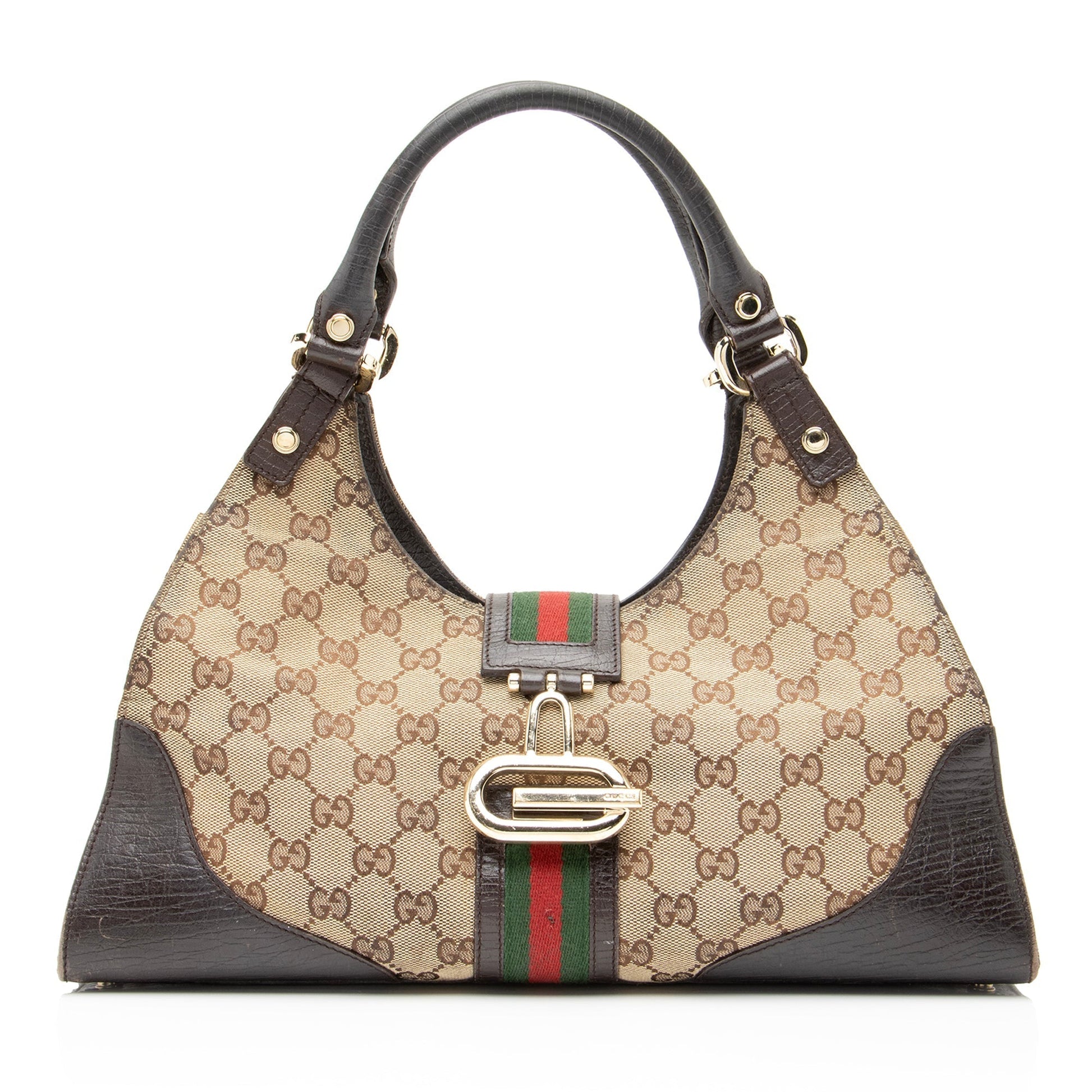 Gucci GG Web Junco SHF Leather Canvas Nylon Brown Shoulder Bag