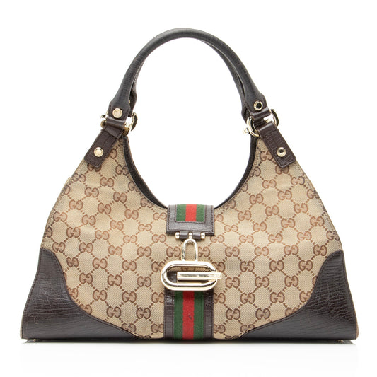 Gucci GG Web Junco SHF Leather Canvas Nylon Brown Shoulder Bag