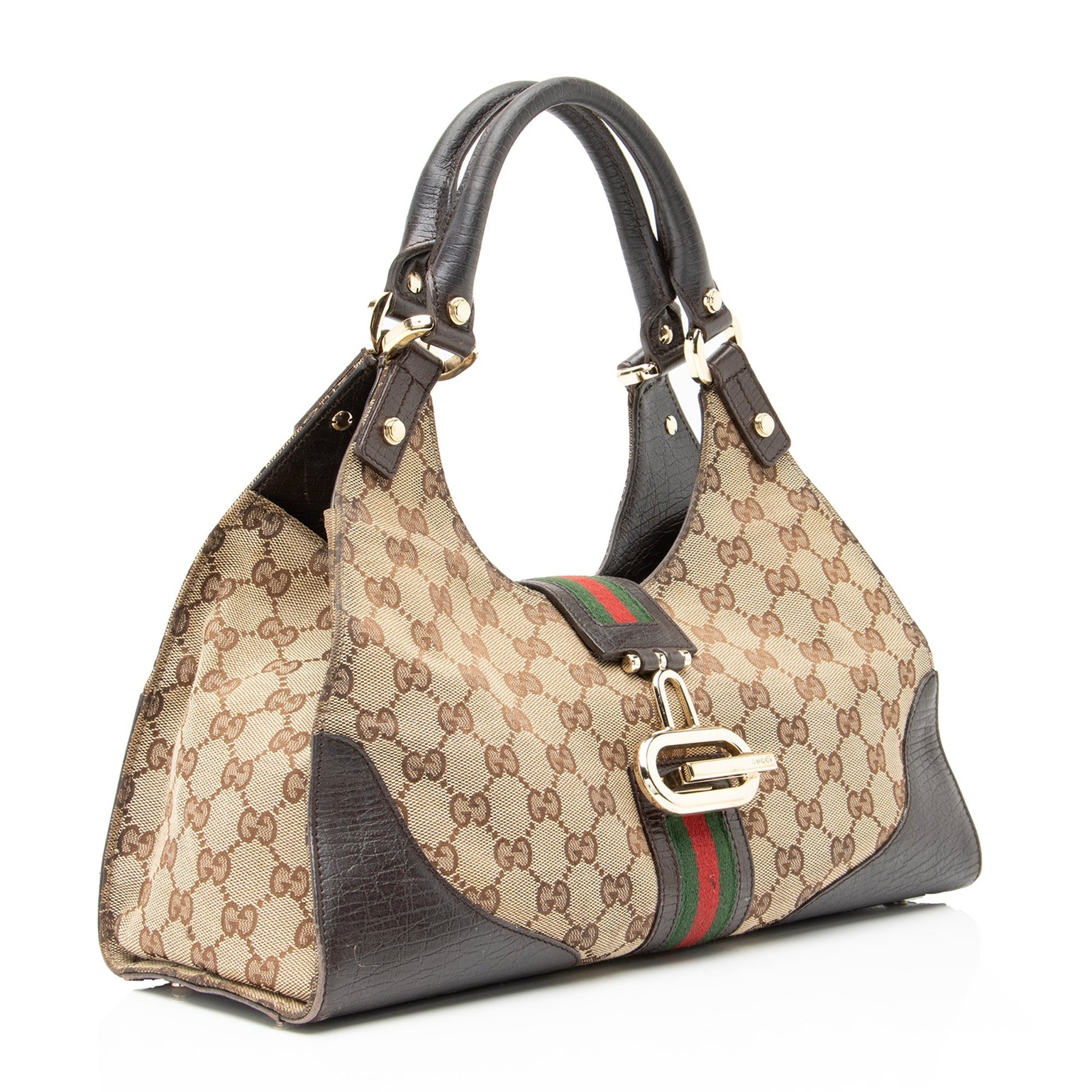 Gucci GG Web Junco SHF Leather Canvas Nylon Brown Shoulder Bag