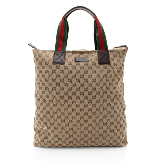 Gucci GG Web N S SHF-3n3x28 Leather Canvas Nylon Brown Tote Bag