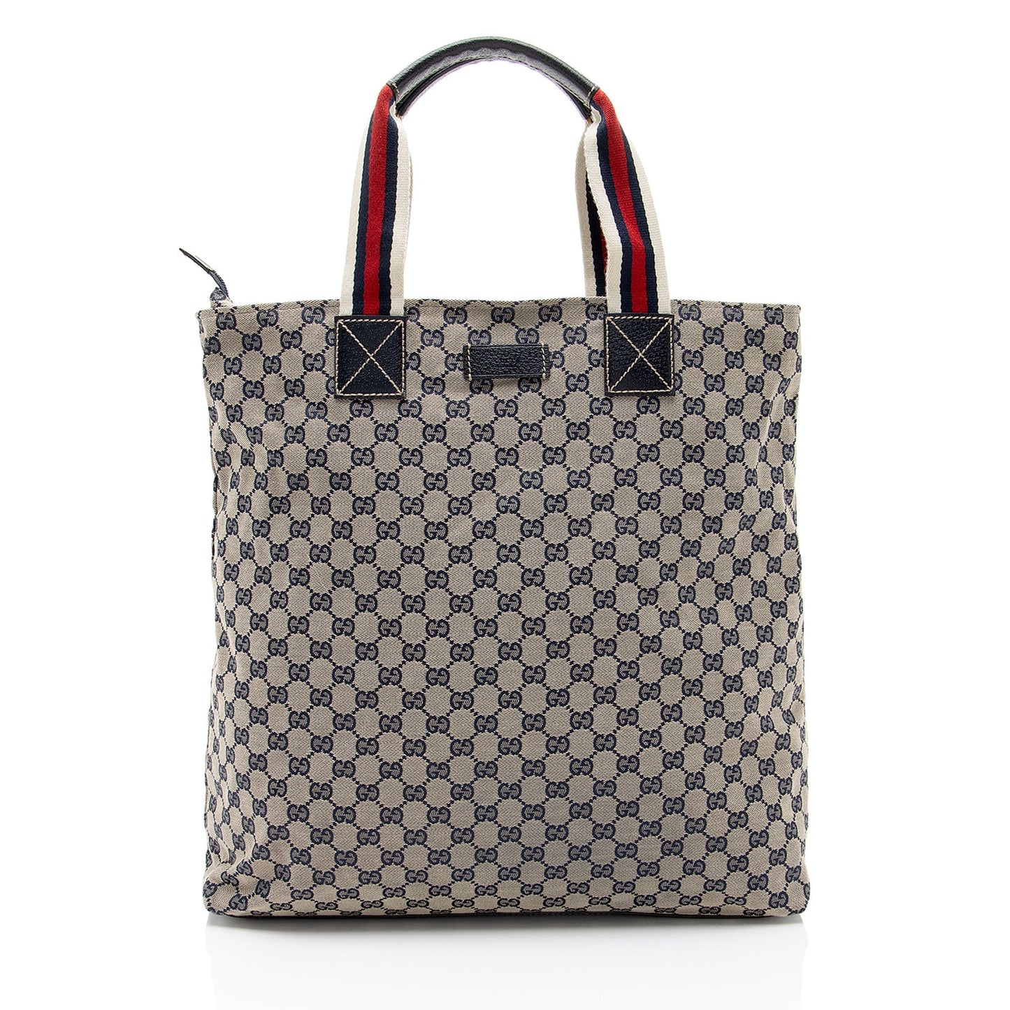 Gucci GG Web N S Leather Canvas Nylon Brown Tote Bag