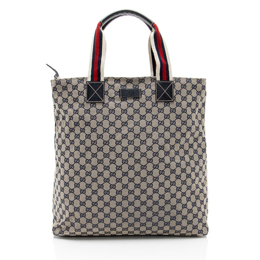 Gucci GG Web N S Leather Canvas Nylon Brown Tote Bag