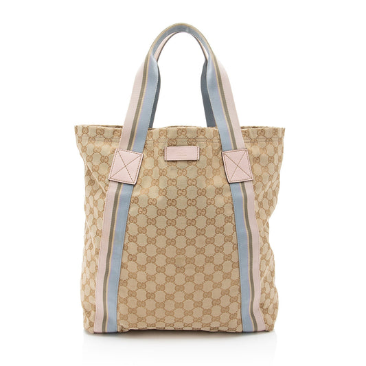 Gucci GG Web Original SHF-cmFwNe Leather Canvas Nylon Beige Tote Bag