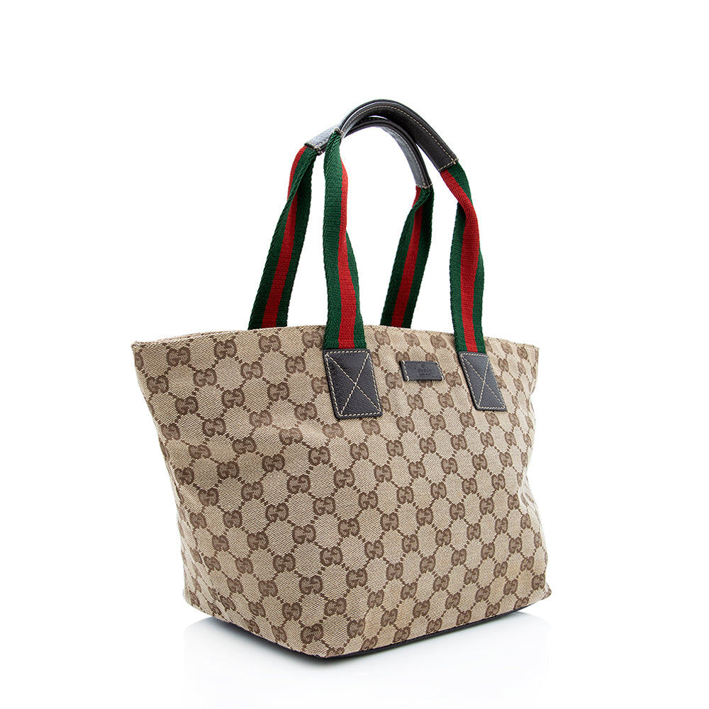Gucci GG Web SHF Leather Canvas Brown Beige Tote Bag