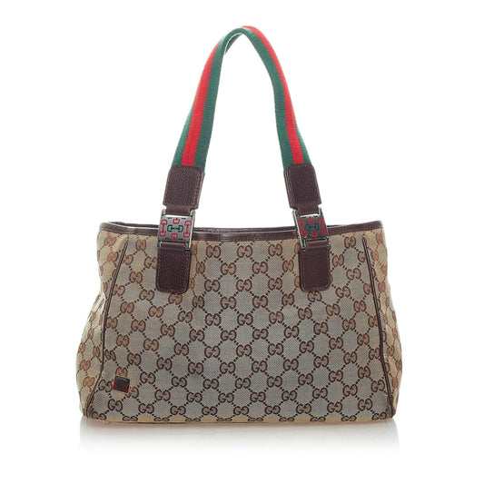 Gucci GG Web SHG Canvas Calf Brown Tote Bag