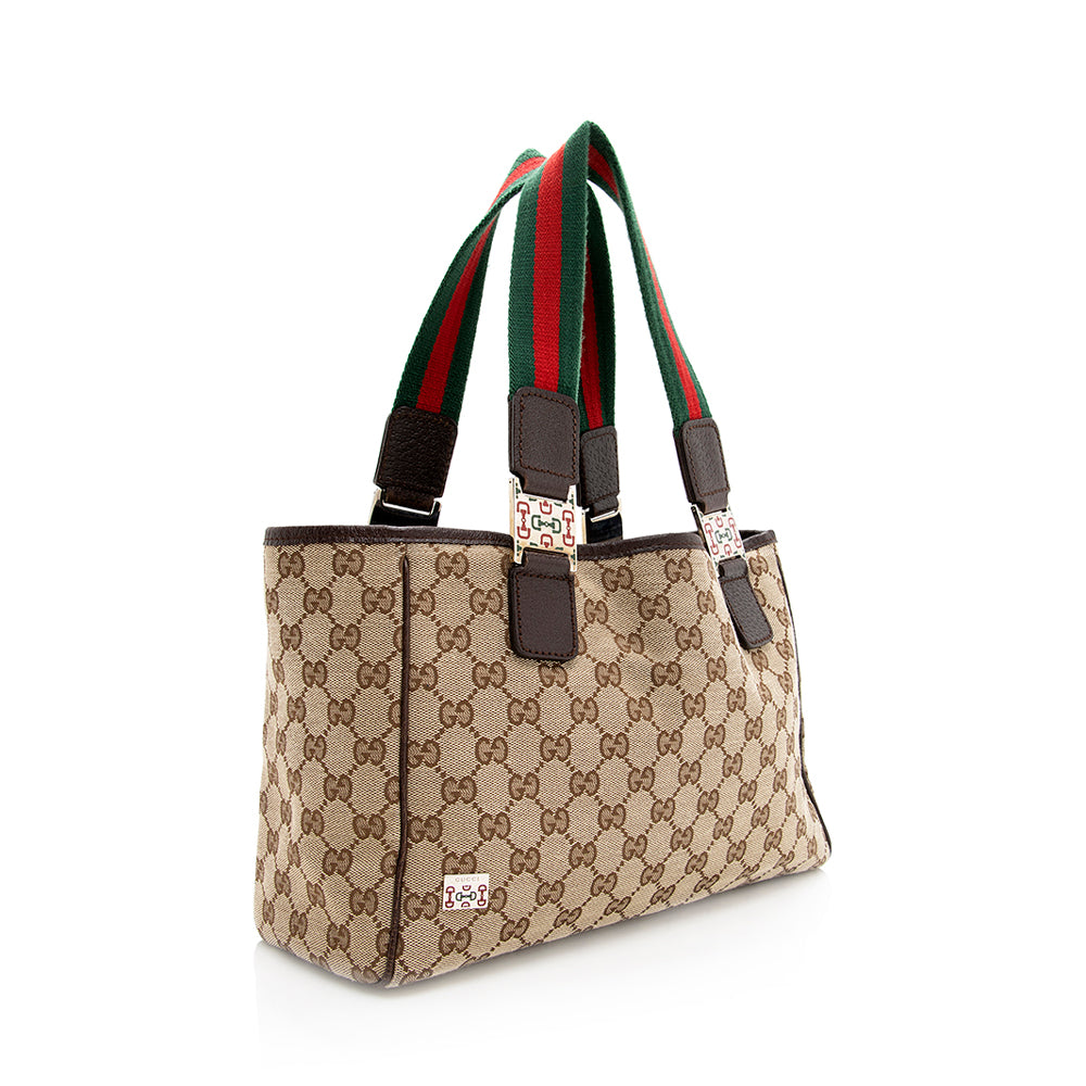 Gucci GG Web SHF Leather Canvas Brown Beige Tote Bag Tote Shf