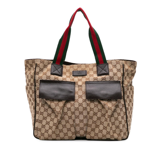 Gucci GG Web Canvas Calf Brown Tote Bag Tote 1