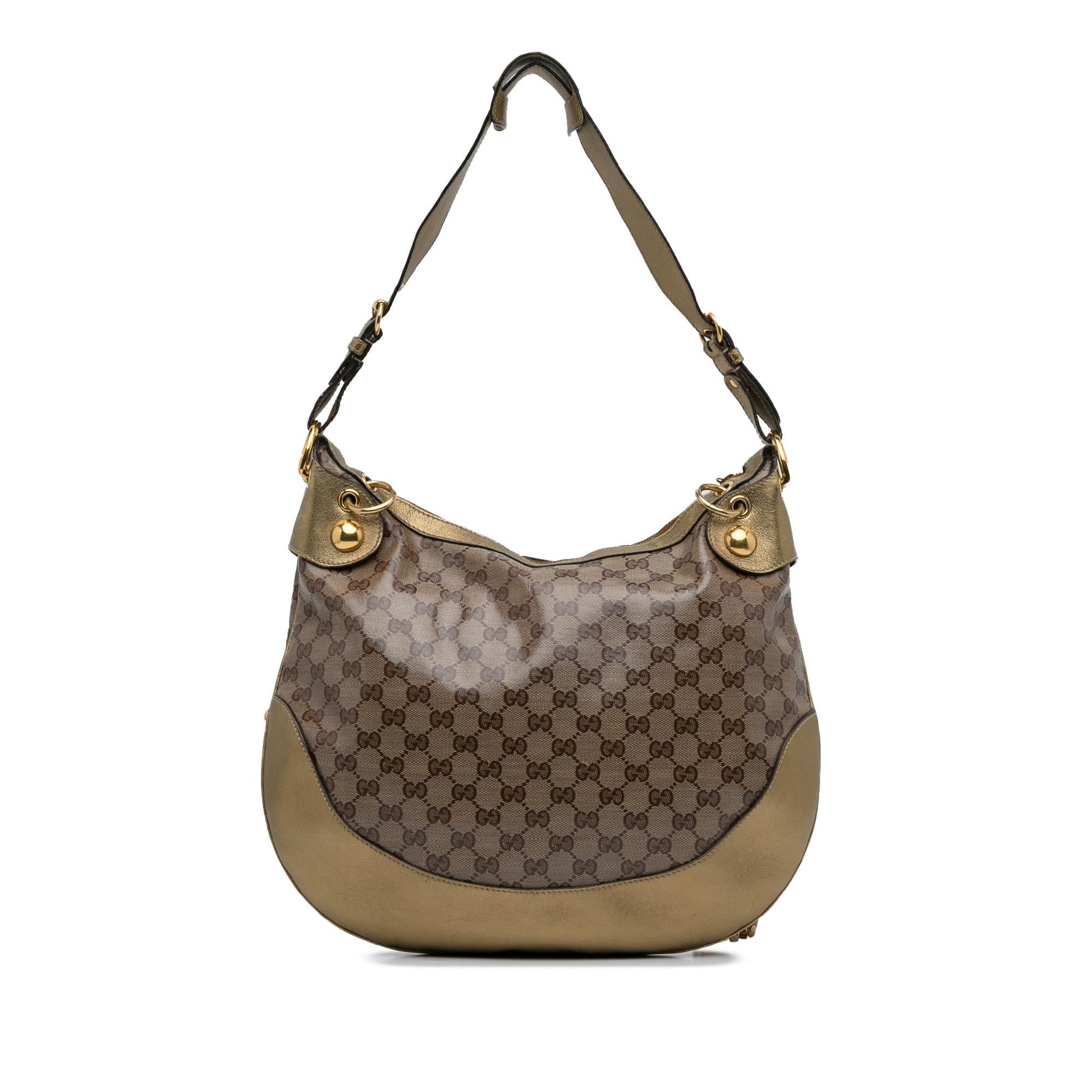 Gucci GG Crystal Babouska Heart SHG-BNv9aZ Canvas Calf Brown Gold Shoulder Bag