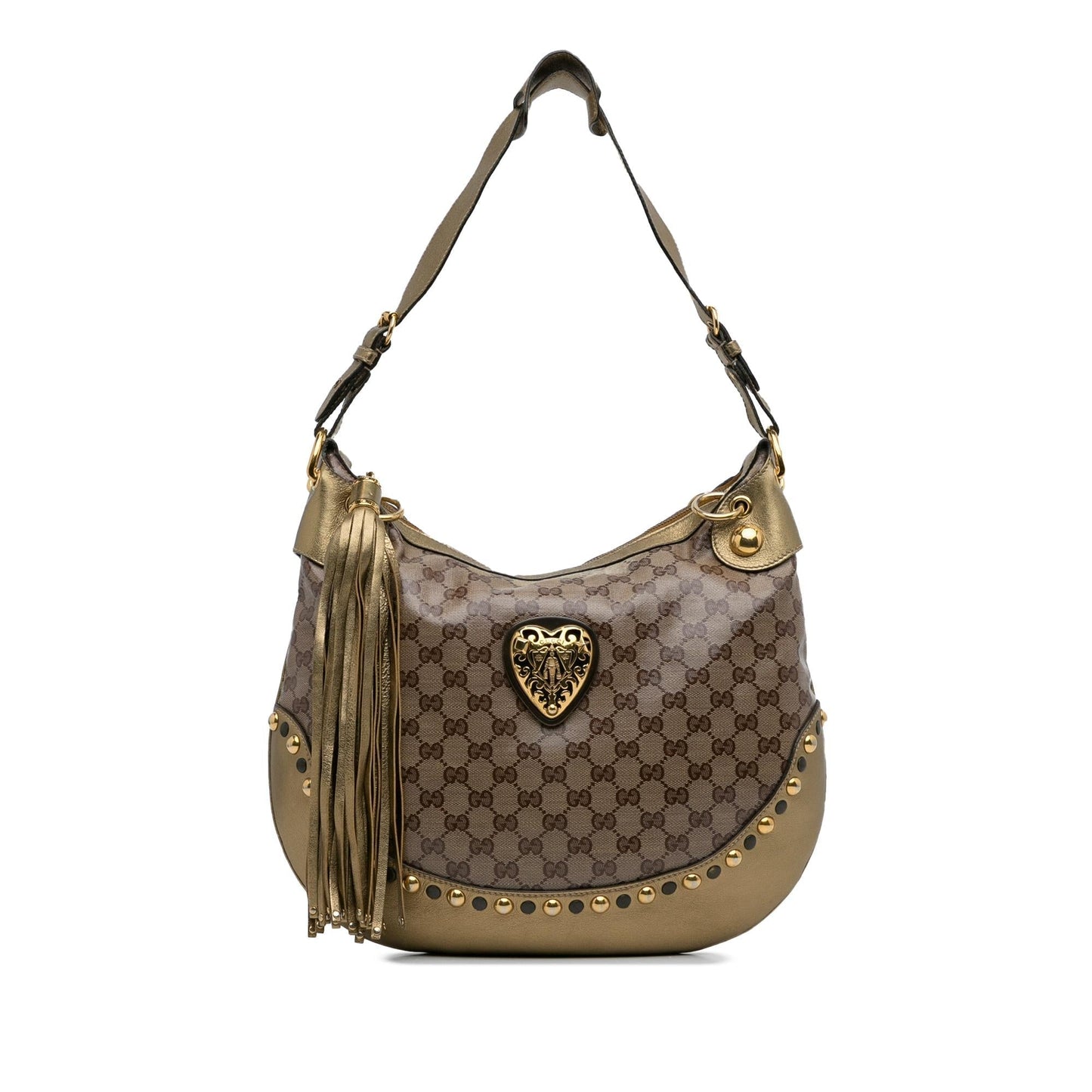 Gucci GG Crystal Babouska Heart SHG-BNv9aZ Canvas Calf Brown Gold Shoulder Bag
