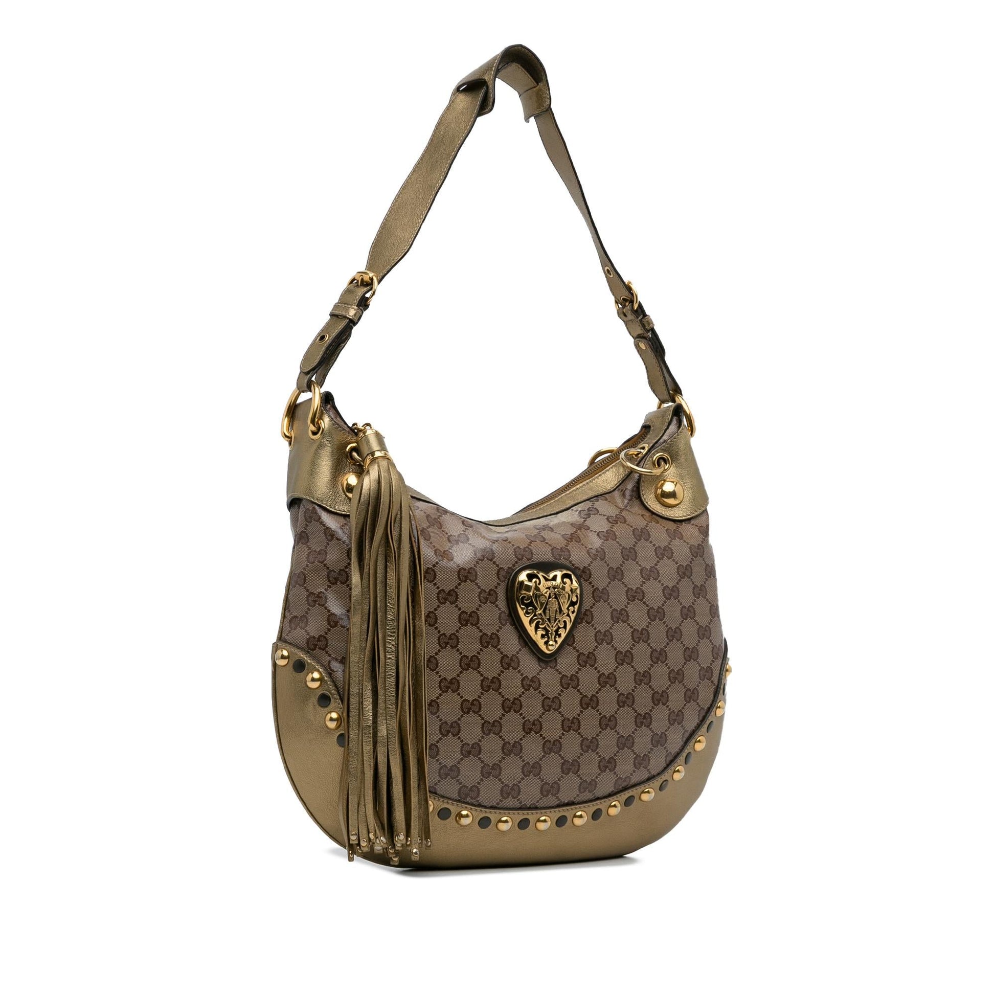 Gucci GG Crystal Babouska Heart SHG-BNv9aZ Canvas Calf Brown Gold Shoulder Bag