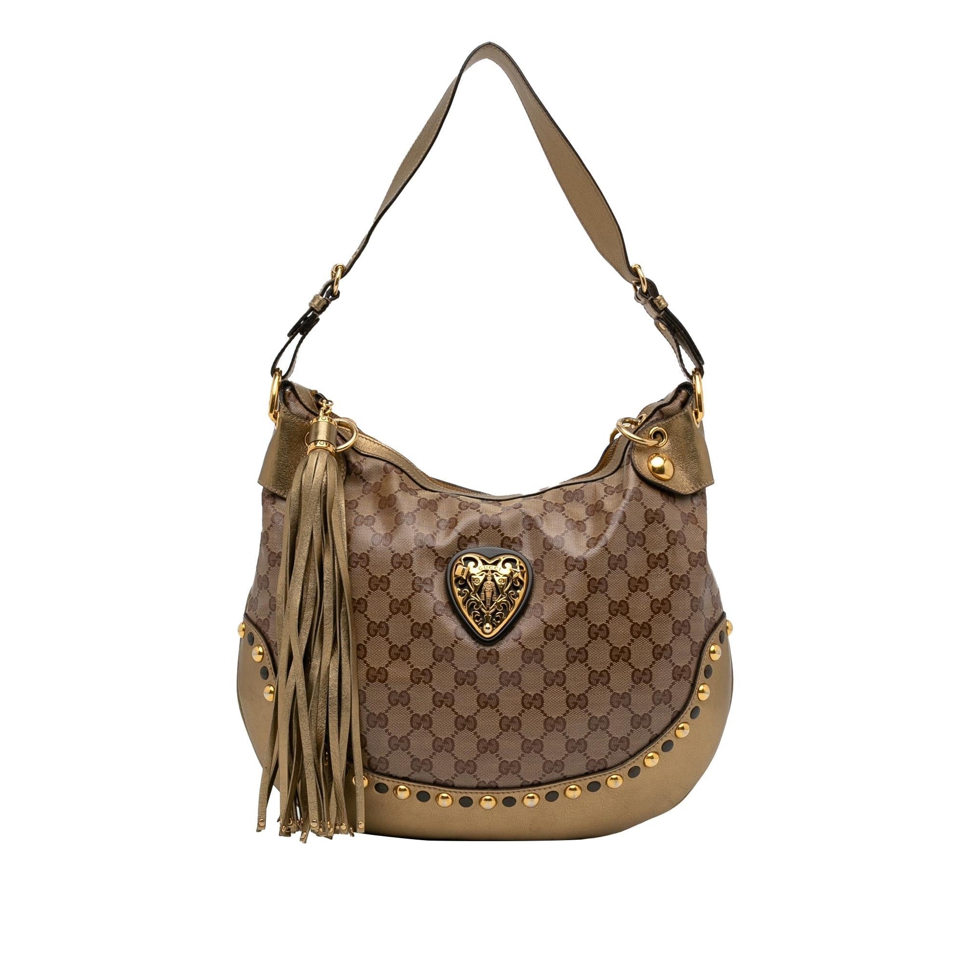 Gucci GG Crystal Babouska Heart SHG-cylFYH Canvas Calf Brown Gold Shoulder Bag